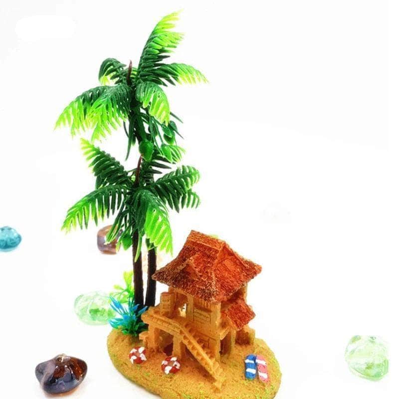 Petite cabane et palmiers décoration d'aquarium en résine-2-Petmonde