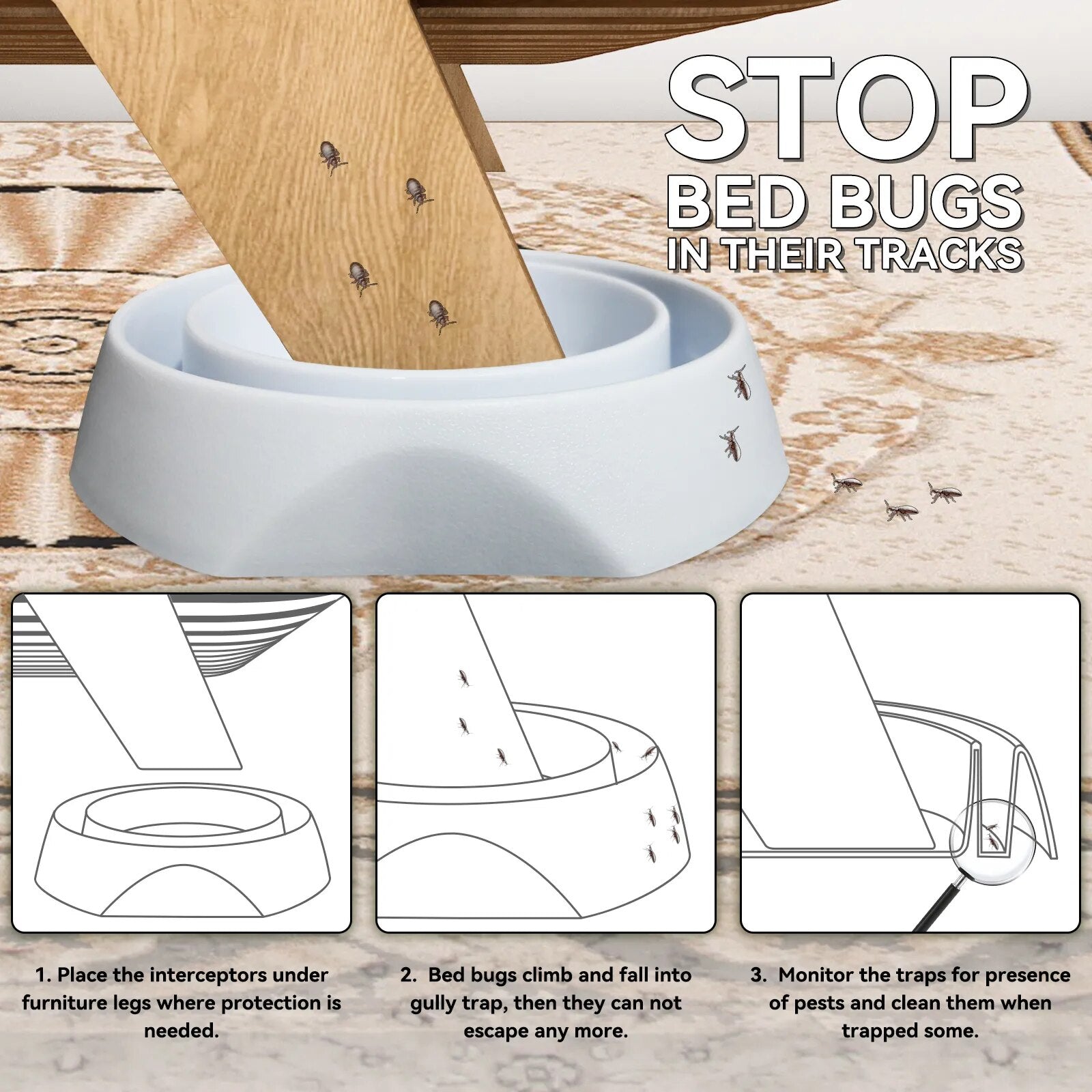 Intercepteurs pour Punaises de Lit Bed Bug Blocker Pro, Pièges à Punaises de Lit, Dispositif de Capture et de Détection pour Pieds de Lit - Lot de 12-3-Petmonde